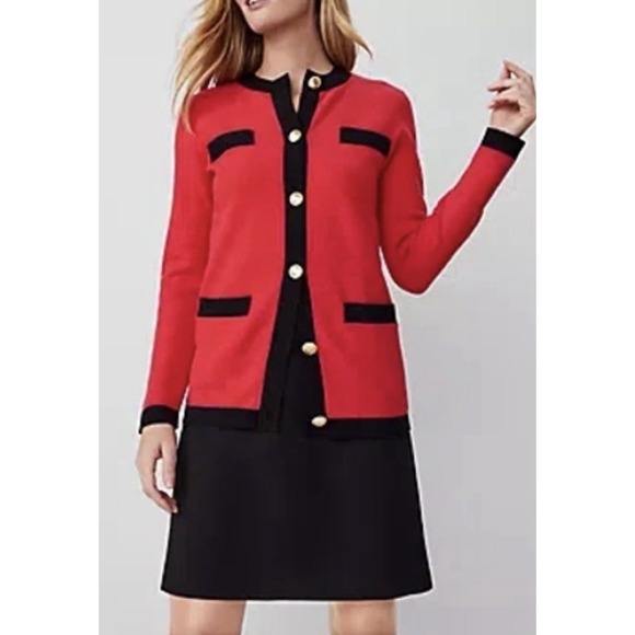 Ann Taylor Sweaters - Ann Taylor Sz M Red Black Contrast Trim Cardigan Sweater NWT Gold Button Preppy